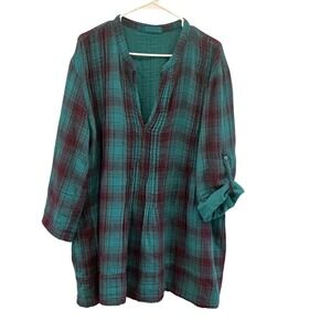 CP Shades Womens Cotton Regina Flannel Tunic XL Teal Plaid Boho Lagenlook Modest